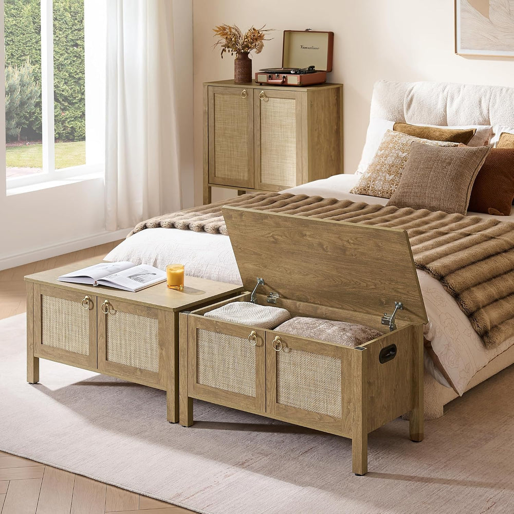 SICOTAS Rattan Storage Bench Boho Storage Chest with 2 Safety Hinges | Wood S...