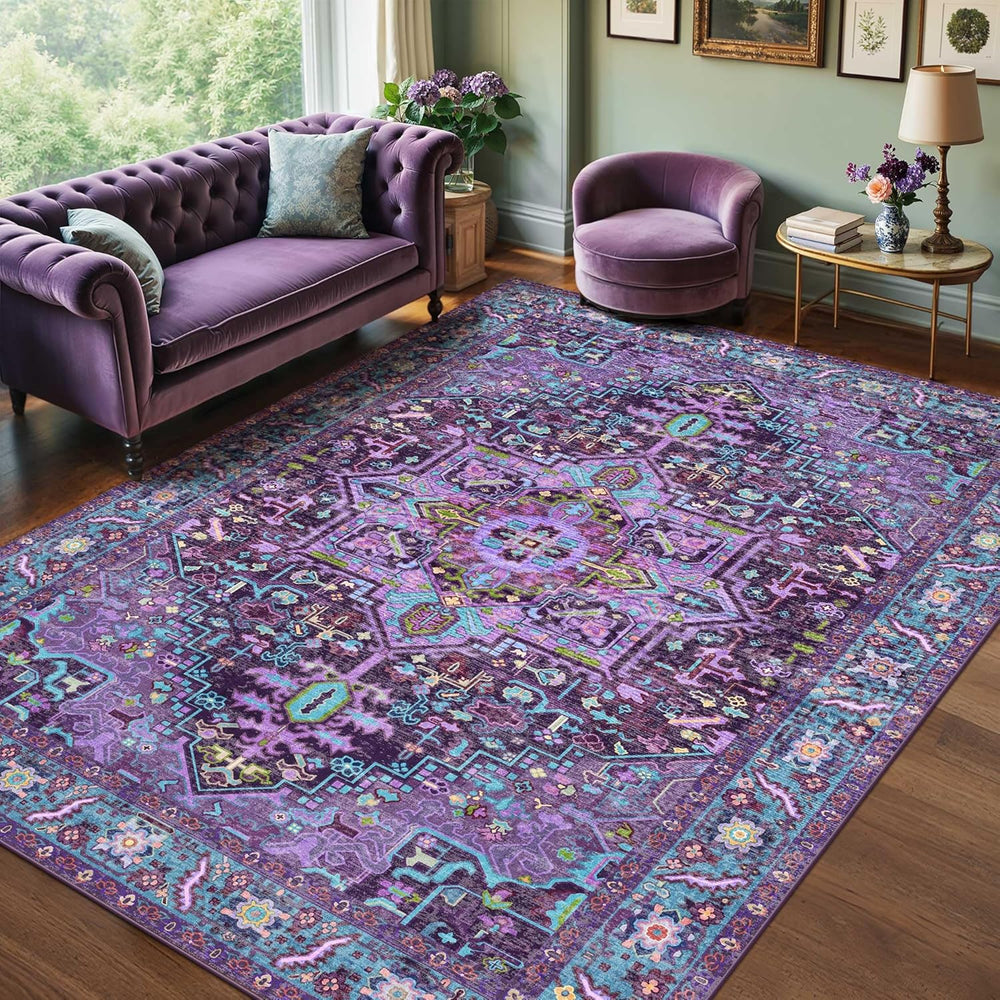 8x10 Purple and Turquoise Blue Vintage Boho Oriental Soft Washable Area Rug