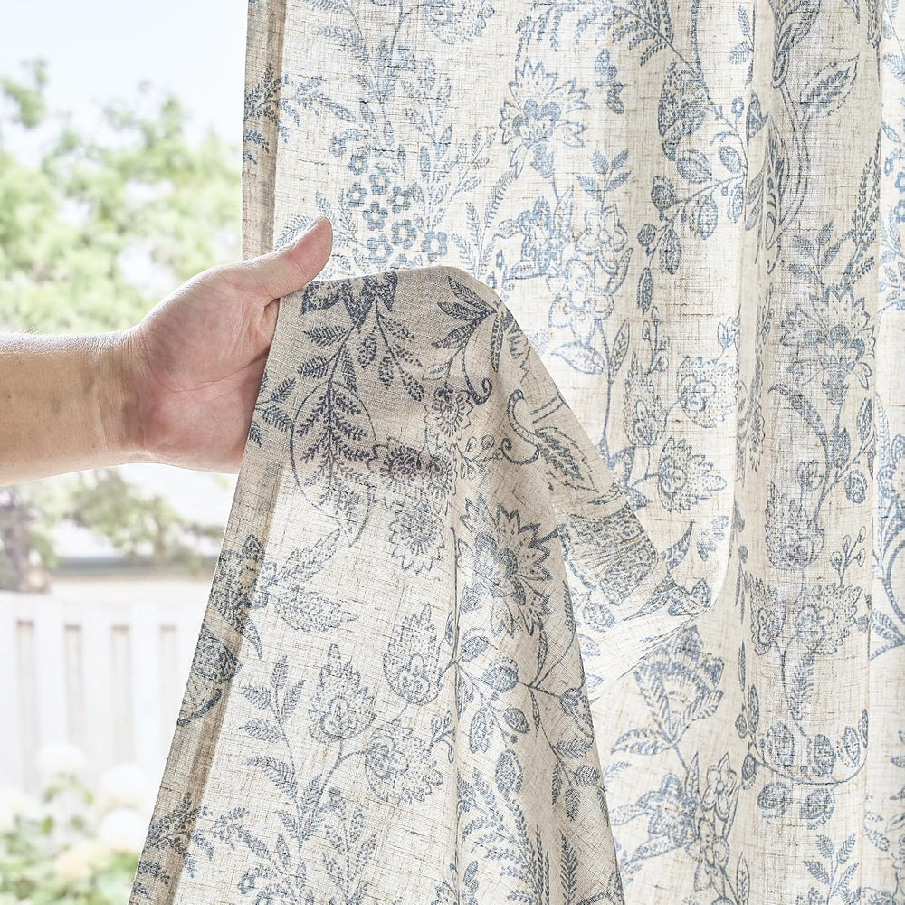 Lazzzy Blue Floral Linen Curtains Farmhouse Rod Pocket 50W X 63L 2 Panels