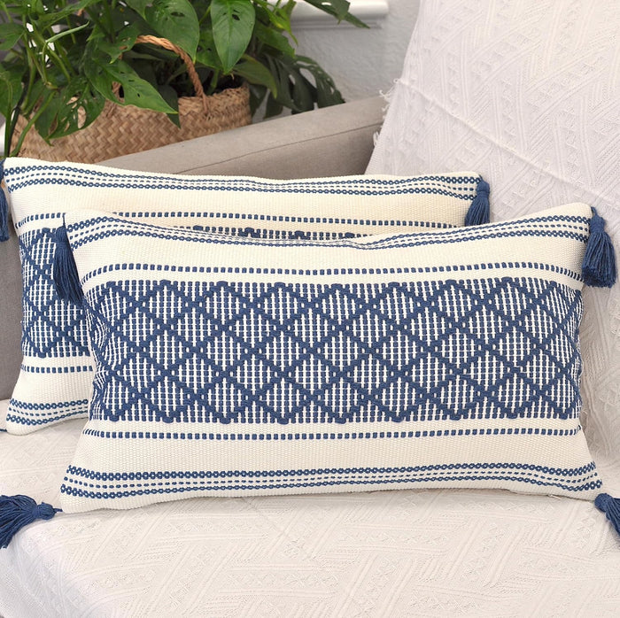 Decorative Boho Lumbar Pillow Covers with Tassels Navy Blue Off White, 12x20 inch -Set of 2 / Small Rectangle Cushion Covers for Couch Sofa/ Farmhouse Woven Pillow Cases/ Accent Chair Pillow Covers