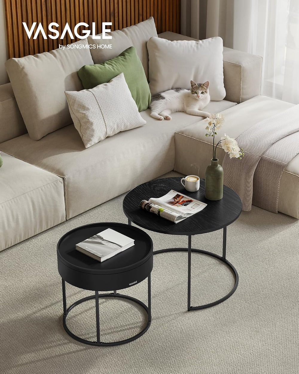 VASAGLE Round Coffee Tables, Set of 2 Nesting Tables, Hidden Storage