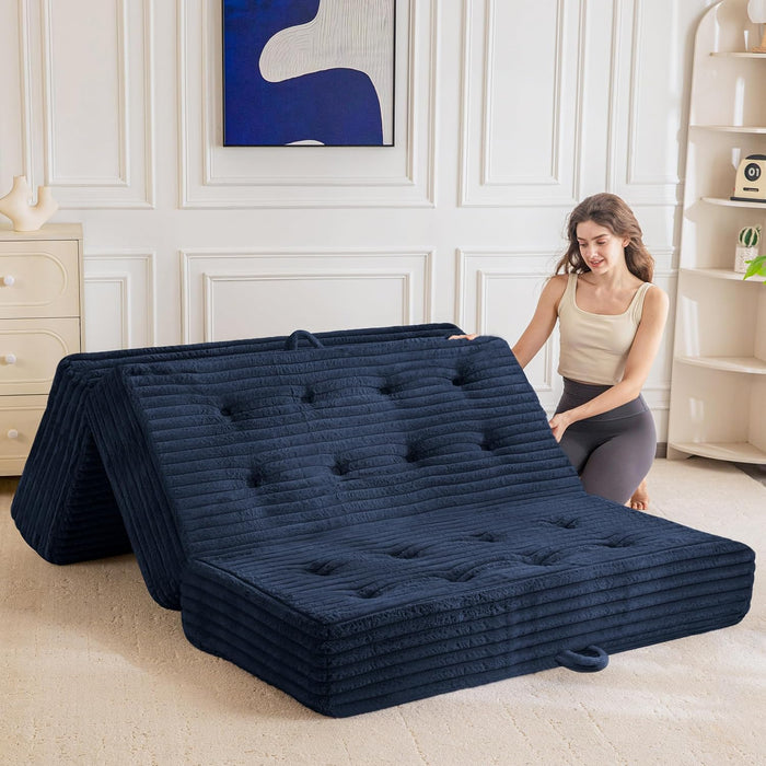 MAXYOYO Folding Sofa Couch Bed, 6 Inch Tri-Fold Floor Sofa Bed, Folding Mattress with Handles, Soft Faux Fur Folding Bed with Supportive Foam Filling, Portable Couch for Living Room, Full, Navy