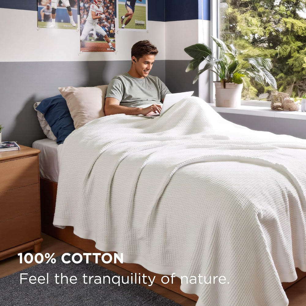 Bedsure 100% Cotton Twin XL Blanket, Waffle Weave, White, 66"x90"