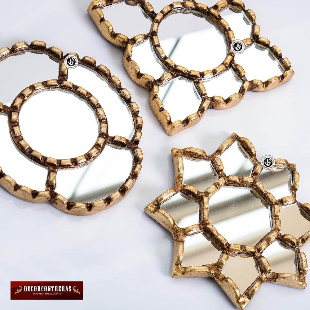 Peruvian Wall Mirrors Set 3pc Gilded Bronze Leaf Home Decor