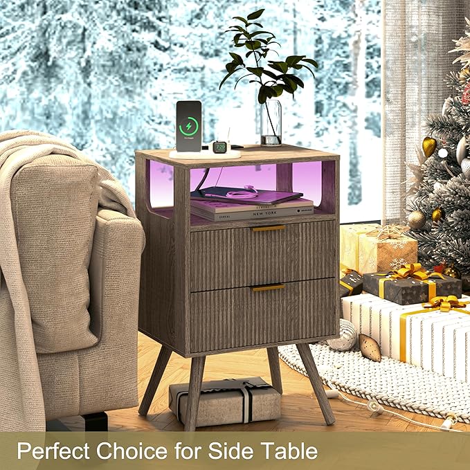 Nightstand with Charging Station and LED Lights,Modern Bedside Table with 2 S...