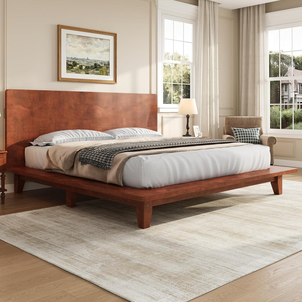 Queen Size Japanese Wooden Bed Frame with Brown Headboard