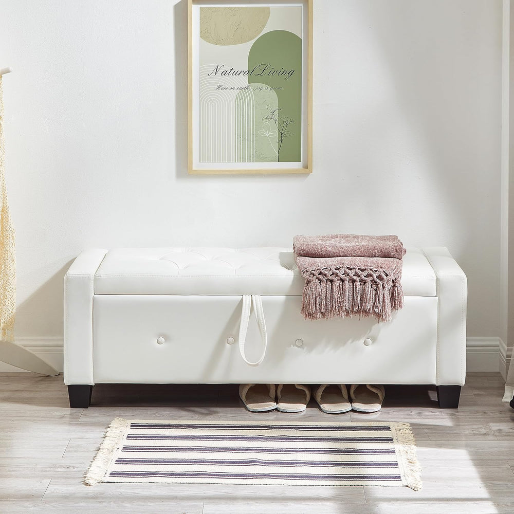 48" Storage Ottoman Bench, Ivory White | Faux Leather, Lift Top, For Liv...