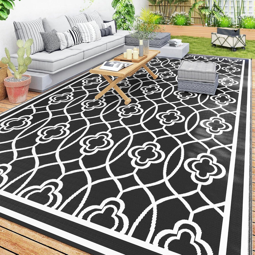 Outsunny Outdoor Rug for Patio Waterproof 9' x 18' Black & White ...