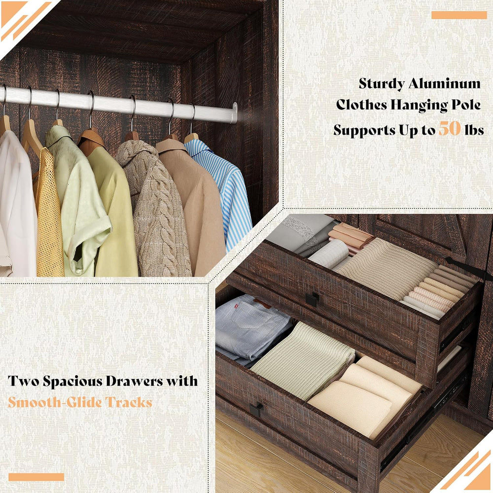 AMERLIFE Farmhouse 3 Door Wardrobe Closet with 2 Drawers & Hanging Rod
