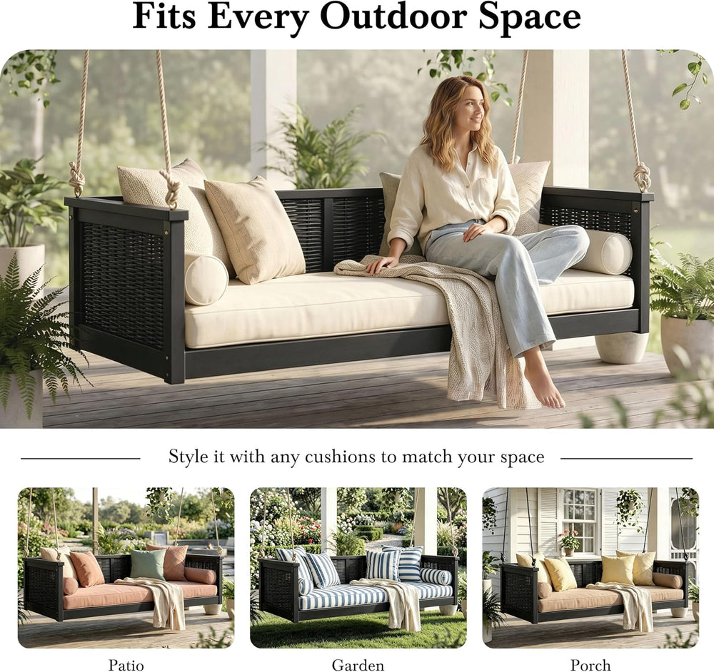 LUMISOL Twin Size Outdoor Porch Swing Bed, Solid Wood Rattan Swing Daybed Fra...
