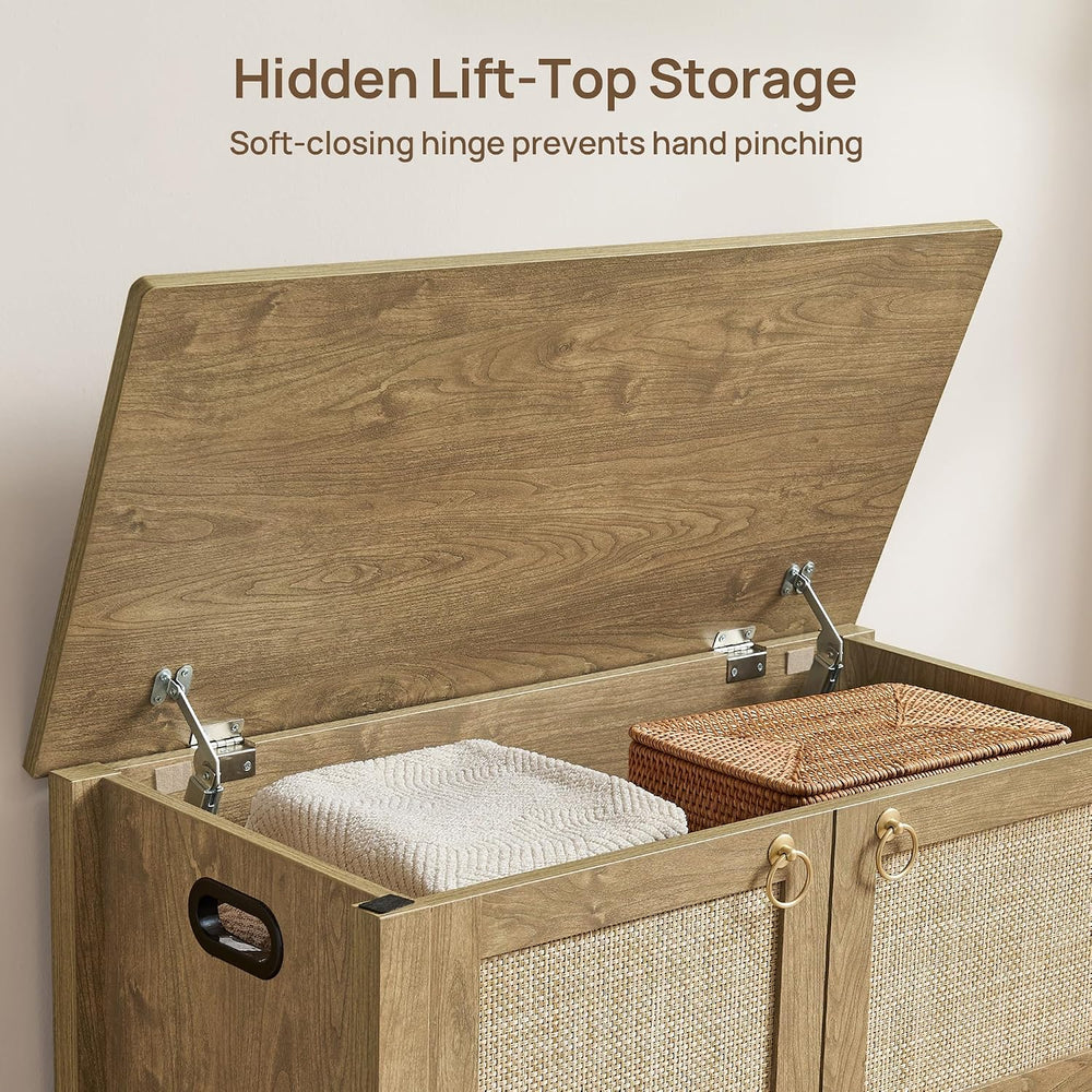 SICOTAS Rattan Storage Bench Boho Storage Chest with 2 Safety Hinges | Wood S...
