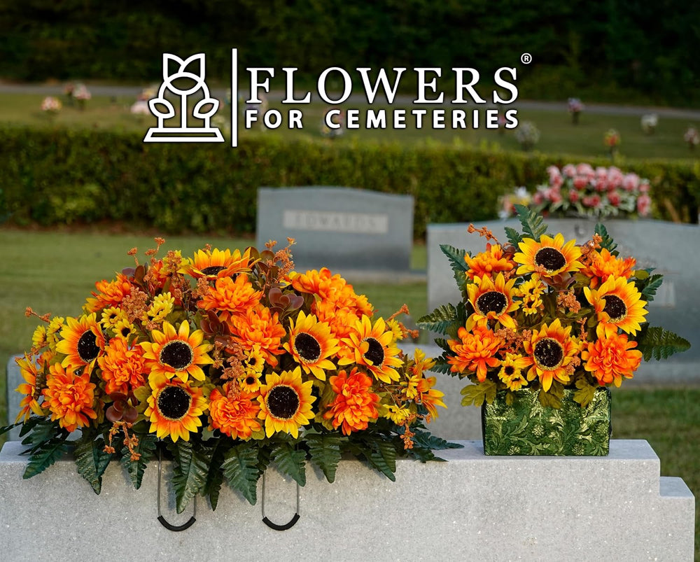 Sympathy Silks 30-Inch Fall Headstone Saddle, Sunflowers & Amber Mums