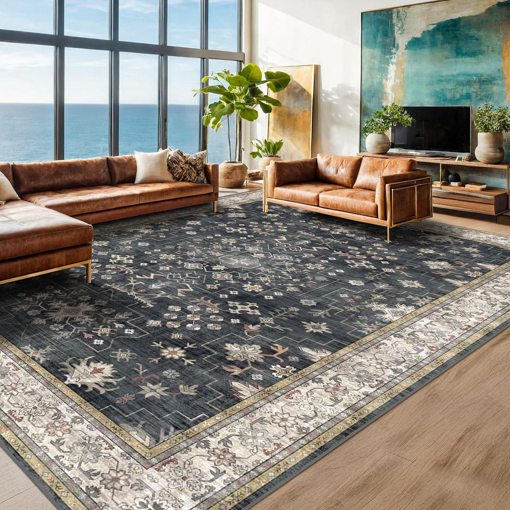 Boho Black Rug for Living Room - Washable 10x14 Area Rug, Dining Room Rugs fo...