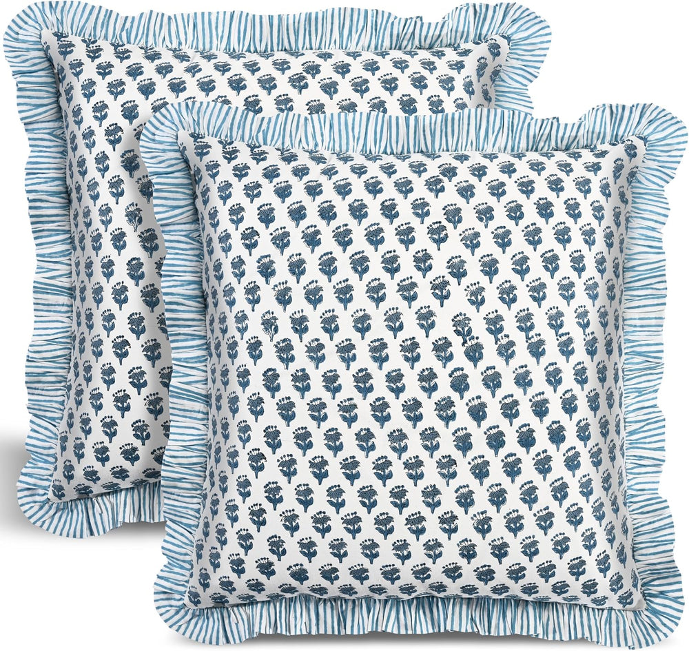 CPC Apatite Blue Block Print Ruffle Pillow Cover 18x18 Inch, Pack of 2