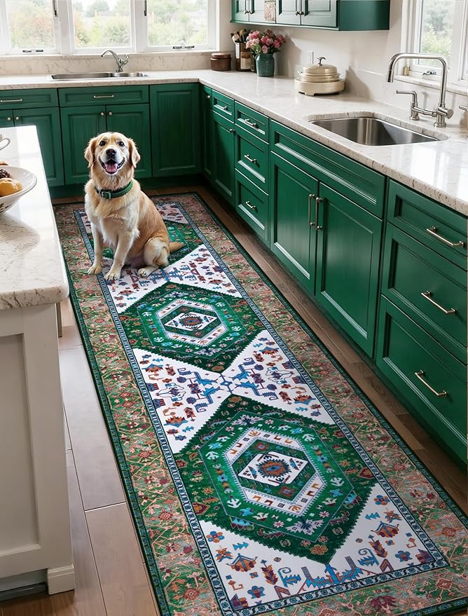 SERISSA Runner Rug for Hallways, Long Boho Rug Vintage Green White Hallway