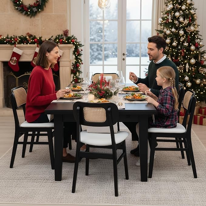 Black Rattan Dining Chairs Set of 6 Sherpa Dining Room Chairs Natural Wooden ...