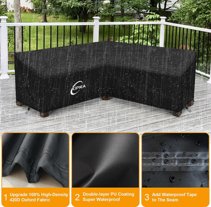 Kipiea Patio V-Shaped Sectional Sofa Cover, 420D Heavy-Duty Oxford Fabric Outdoor Sectional Cover with 6 Windproof Buckles, Anti UV and No Tears, No Fading (105"/105" L x 33.5" D x 31" H) Black