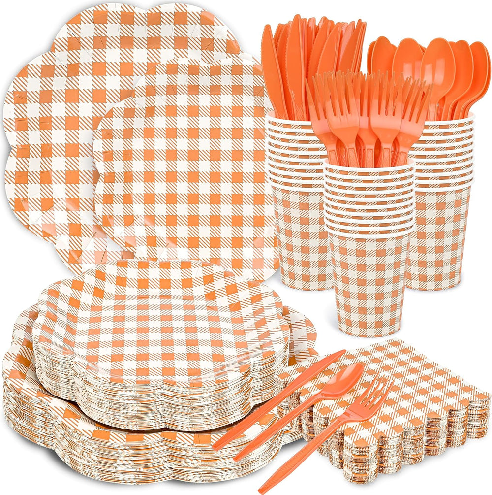 400 Pcs Orange Gingham Party Supplies for 50 Guests Orange and White Scallope...