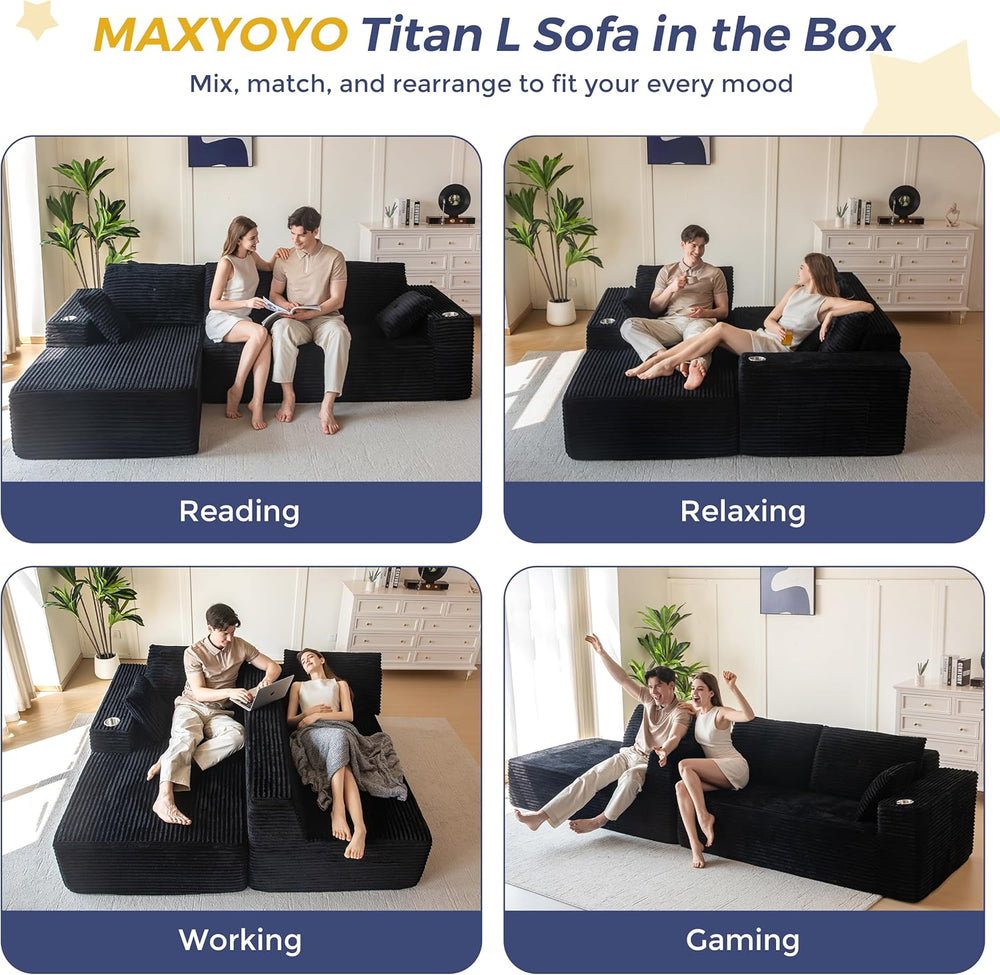 MAXYOYO 104" Modular Sectional Couch with L-Shape Chaise, Modern Boneles...