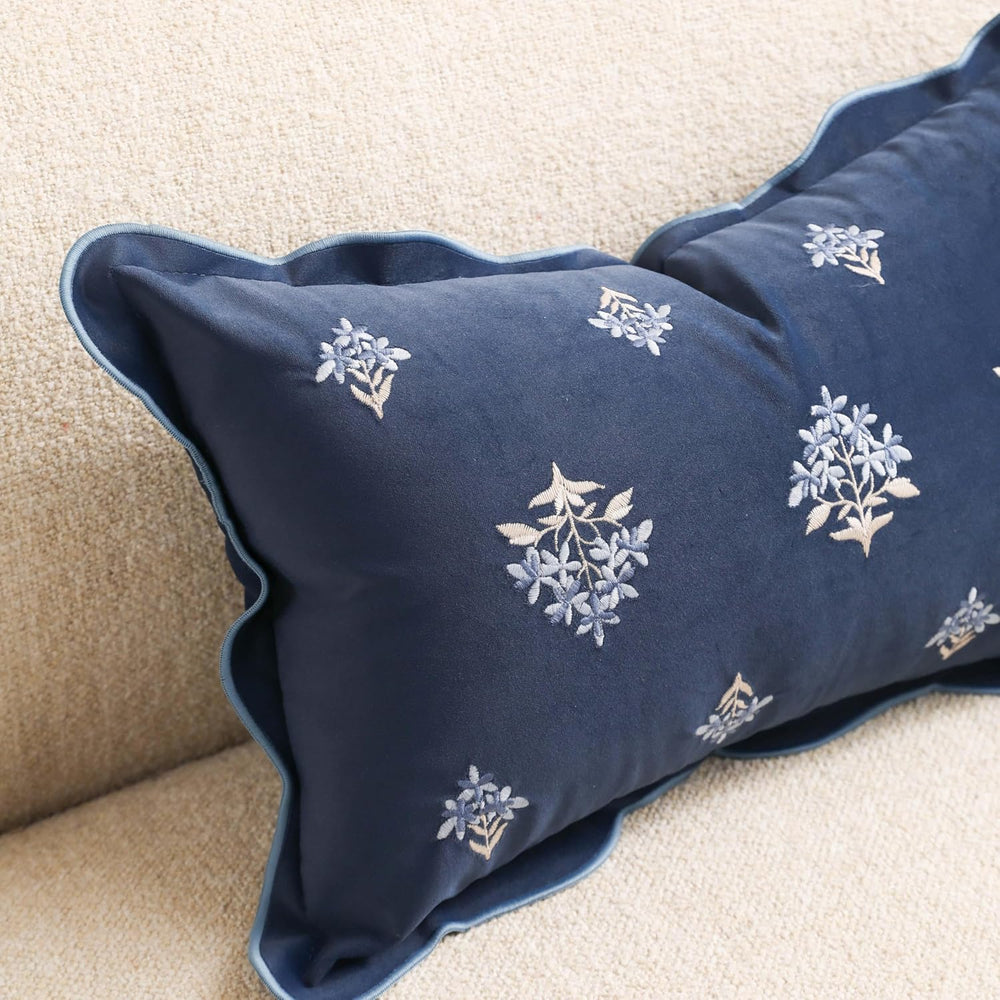 BlissBlush Long Lumbar Pillow Cover 14x36 for Bed, Navy Blue Velvet Decorativ...