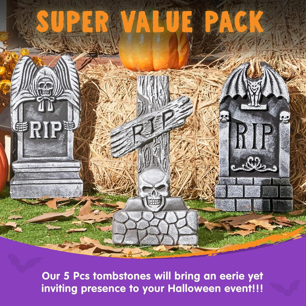 JOYIN 17” Halloween Foam RIP Graveyard Tombstones (5 Pack), Halloween Tombsto...