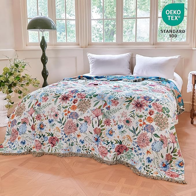 MSGKV Boho Throw Blanket 50"x60" Couch Floral 100% Cotton Blanket Spring