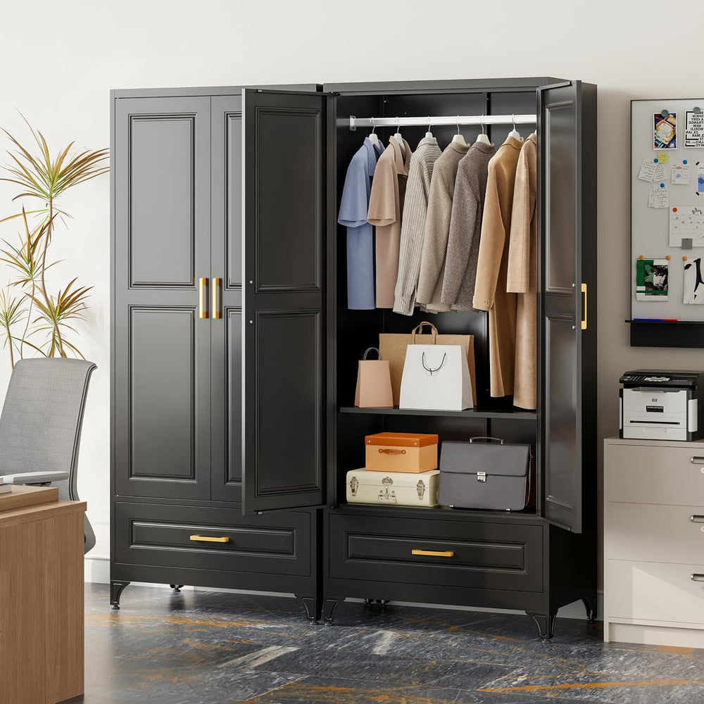 71" Black Armoire Wardrobe Closet with Drawer, Hanging Rod