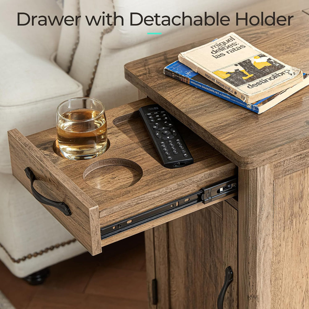 LINSY HOME Charging End Table with USB Ports, Wooden Door, Brown