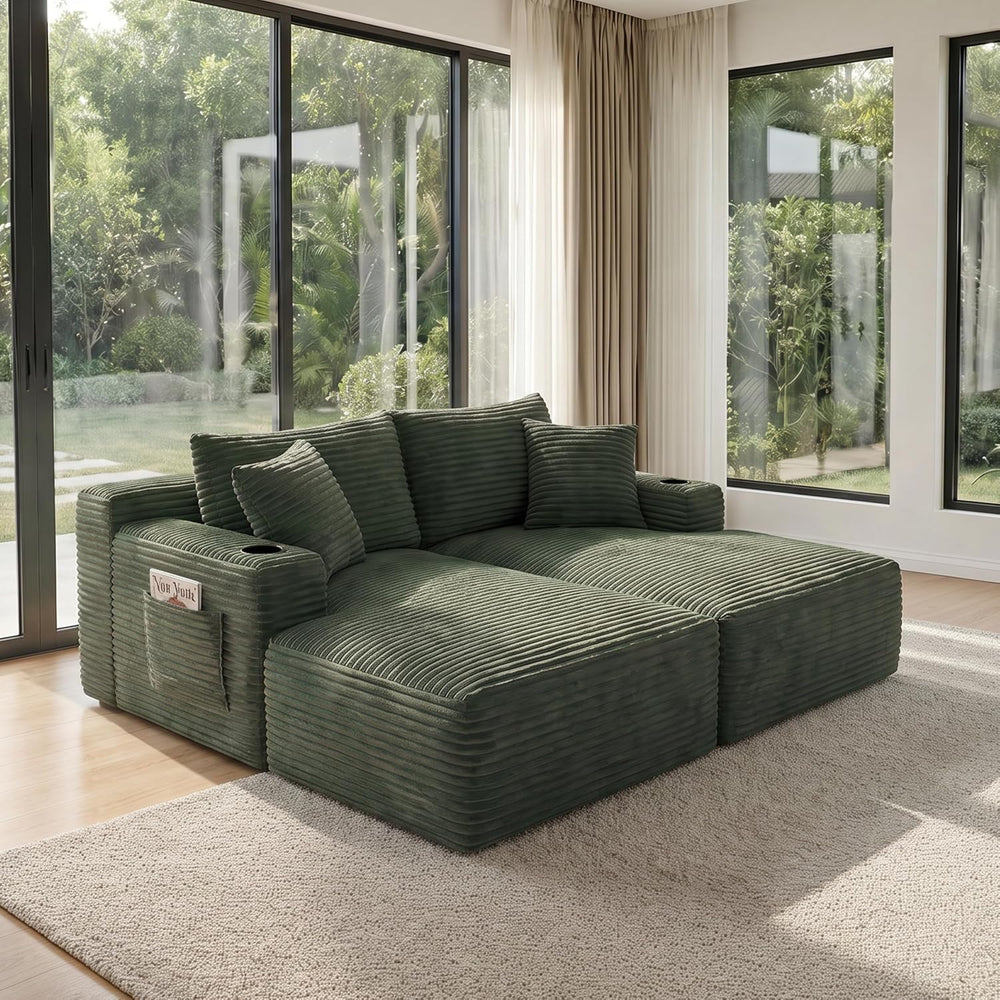 133" U-Shaped Modular Sectional Sofa, Corduroy Boneless Couch, Green | C...