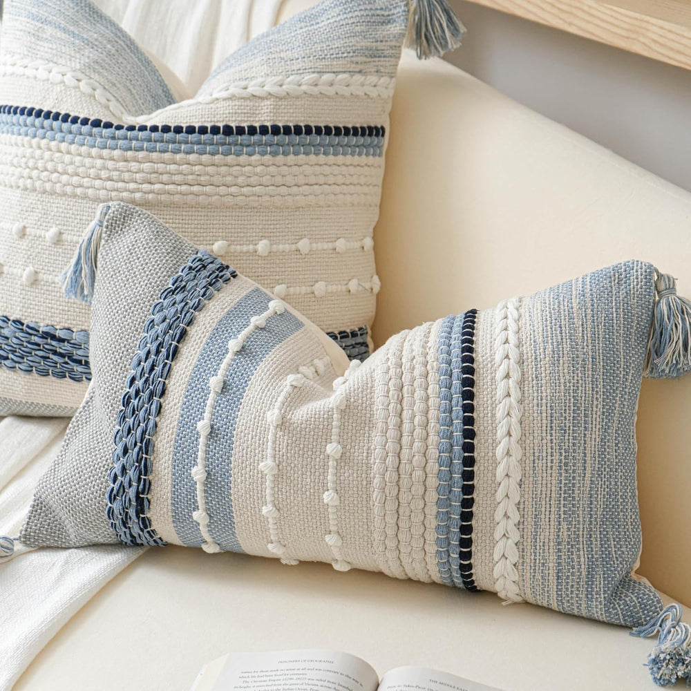BlissBlush Coastal Blue Boho Decorative Throw Pillow Cover 20x20 Modern Bohem...