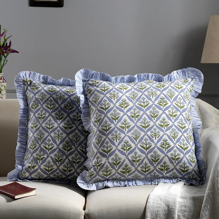 Ridhi Light Steel Blue Floral Block Print Throw Pillow Covers 18 x 18 Inch