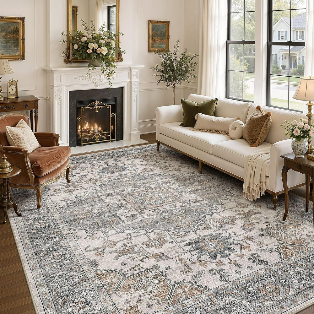 Washable Area Rugs 9x12: Neutral Gray Brown Rugs for Living Room