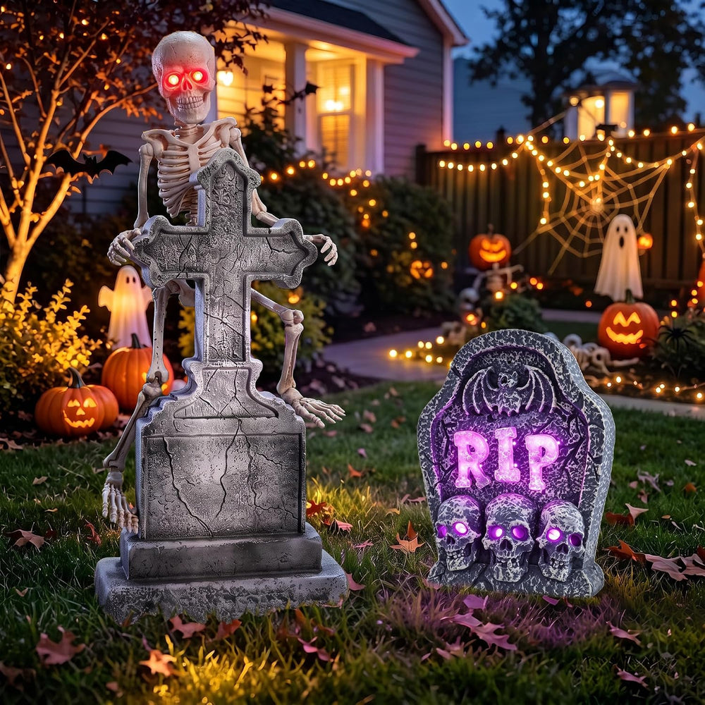 46" Halloween Animatronic Tombstone Decor, SoundโActivated Swaying Skeleton