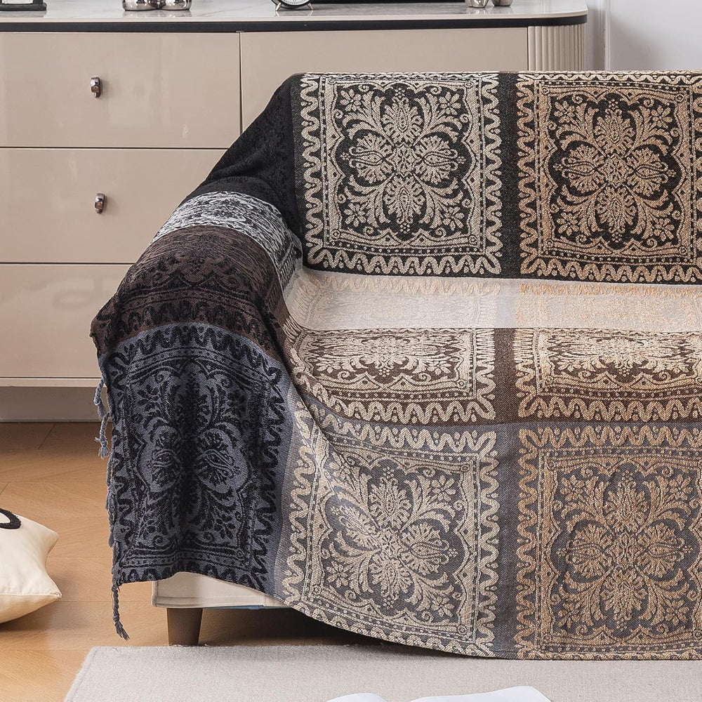 Boho Throw Blanket, Chenille Jacquard Tassels Throw Blankets for Bed Couch So...