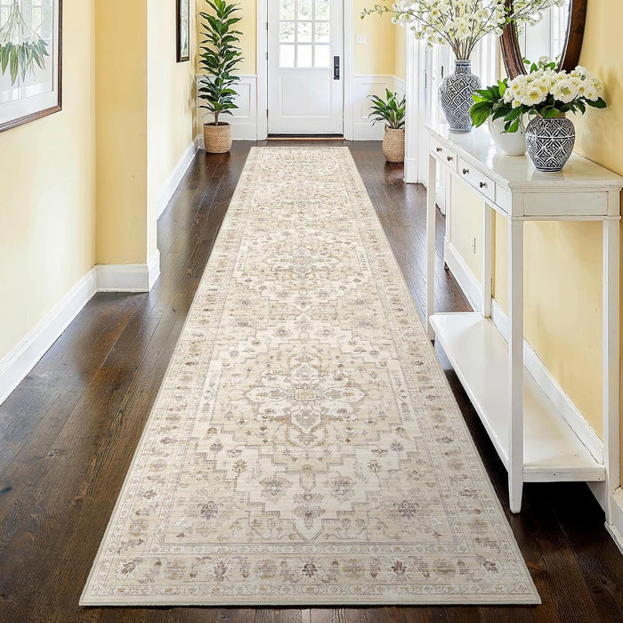 2'6''x12 Washable Runner Rug: Vintage Floral Low Pile Hallway Rug Beige