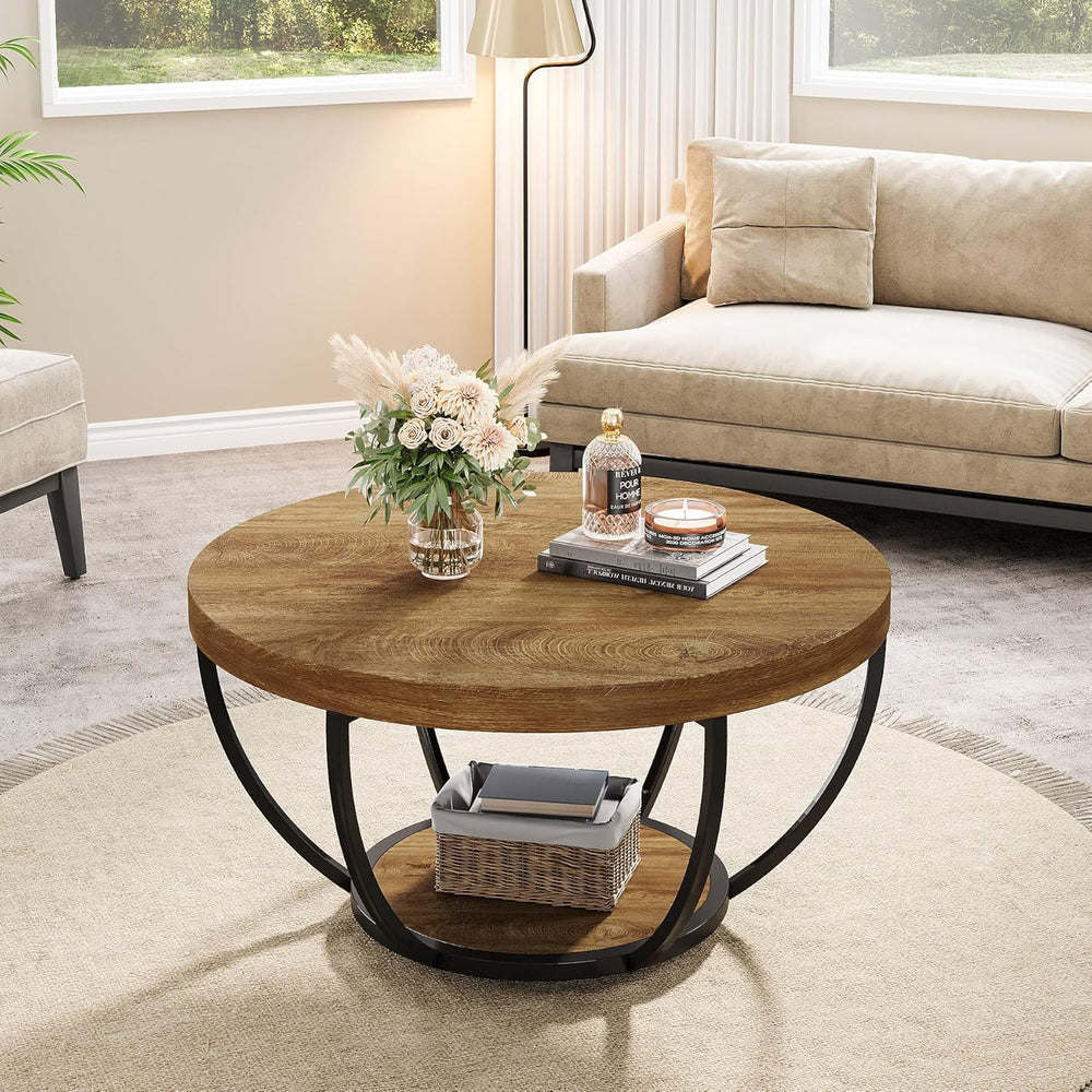 Tribesigns Round Coffee Table, 31.7" Wooden 2-Tier Circle Coffee Table w...