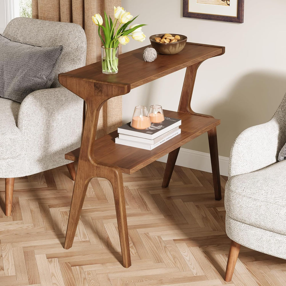 Tribesigns Solid Wood End Table, 2-Tier Farmhouse Side Table with Storage She...