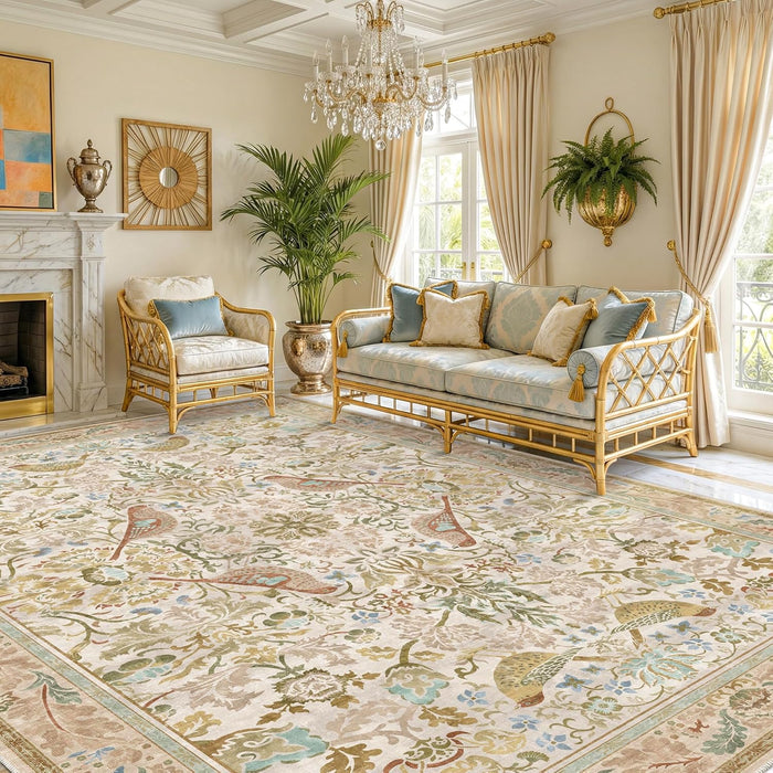 Washable Living Room Rug 8x10 - Country Style Beige Floral Area Rugs for Bedroom Under Bed, Dining Room Table Rug, Stain Resistant Non-Slip Neutral Farmhouse Décor with Light Blue and Green Accent