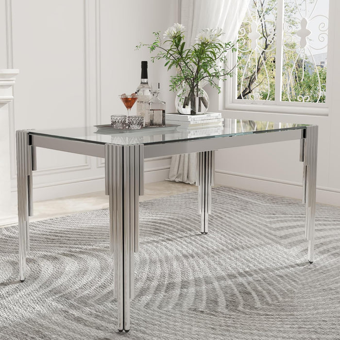 51'' Modern Glass Dining Table for 4 People,Tempered Glass Top Dining Room Table with Stainless Steel Base, Glass and Silver Dining Table for 4, Rectangle Dining Kitchen Table for Dinner