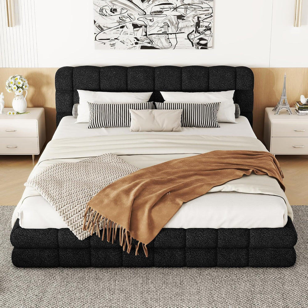 SOFTSEA Queen Size Upholstered Platform Bed, Fleece Floor Bed with Tufted Hea...