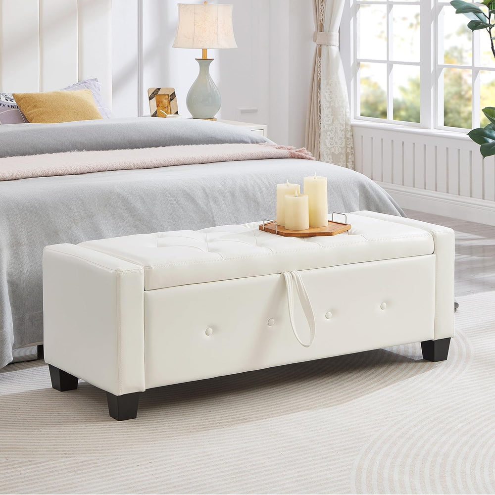 48" Storage Ottoman Bench, Ivory White | Faux Leather, Lift Top, For Liv...