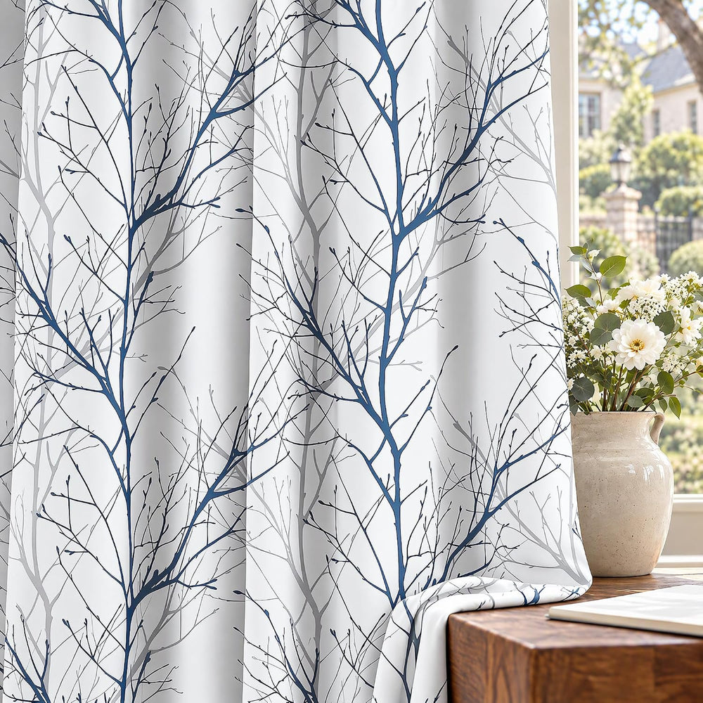 FMFUNCTEX 100% Blackout Blue Grey Tree Branch Curtains 54 Inch 2 Panels