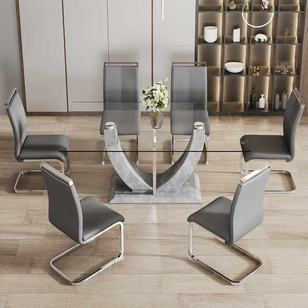 71" Glass Dining Table Set for 6, Modern Dining Room Table Set, Tempered...
