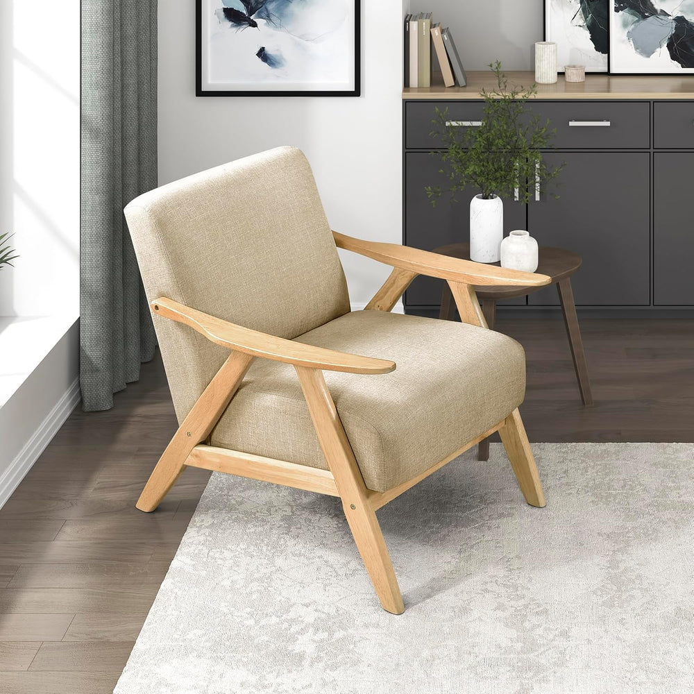 Lexicon Mid Century Modern Accent Chair, Natural Wood Frame, Light Brown