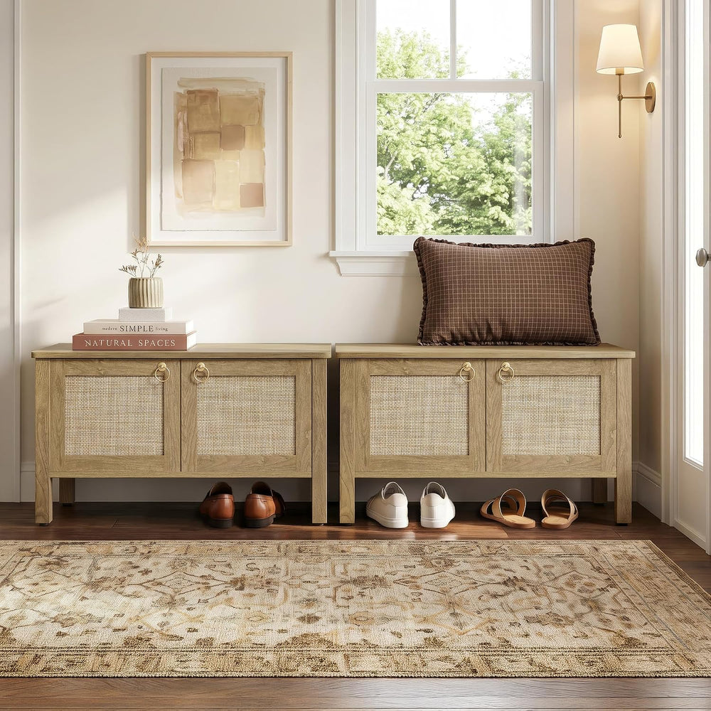 SICOTAS Rattan Storage Bench Boho Storage Chest with 2 Safety Hinges | Wood S...