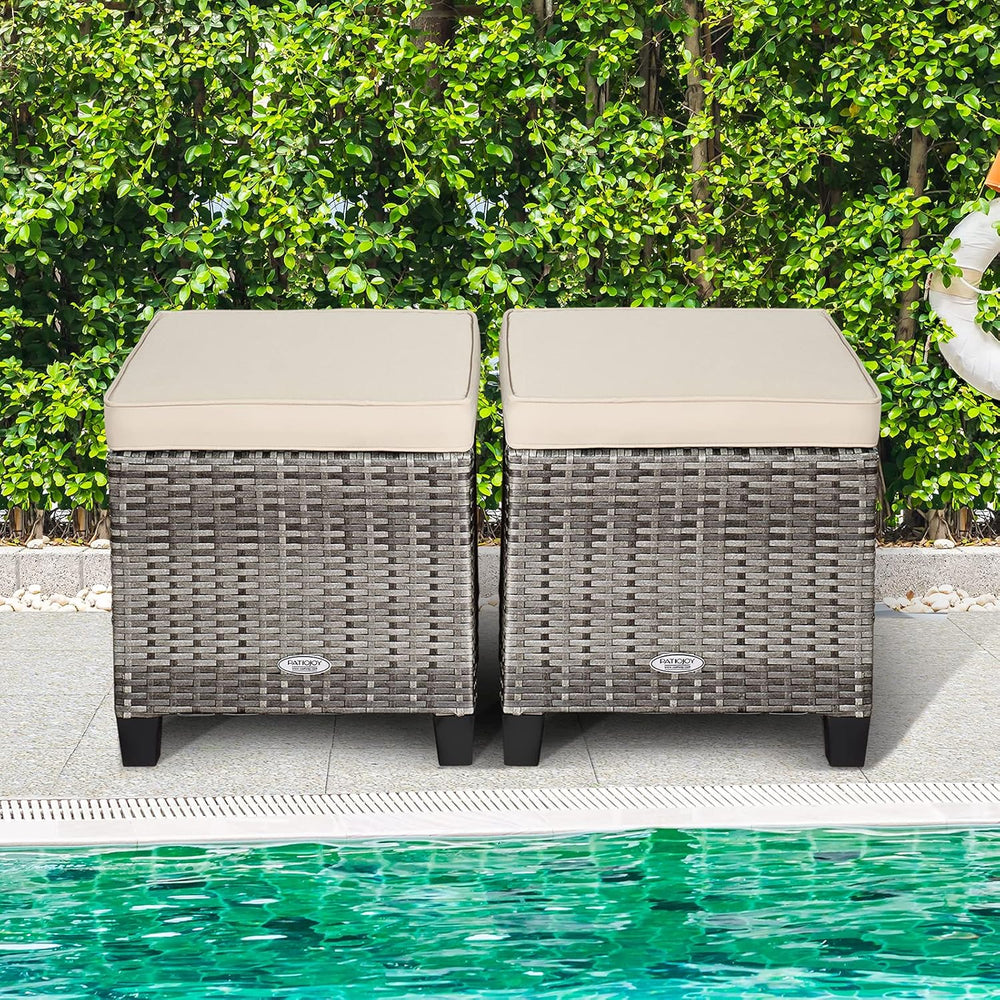ORALNER Set of 2 Outdoor Ottoman, 16” Wicker Foot Stools, All-Weather Rattan ...