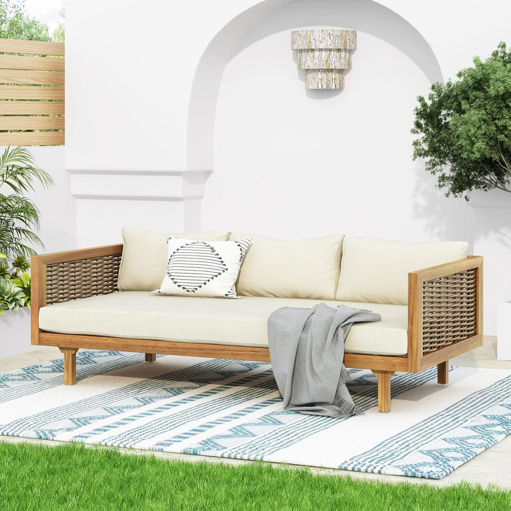 Merax 67.5" Outdoor Patio Daybed 3 Seater Sofa Bed,Acacia Wood Frame wit...
