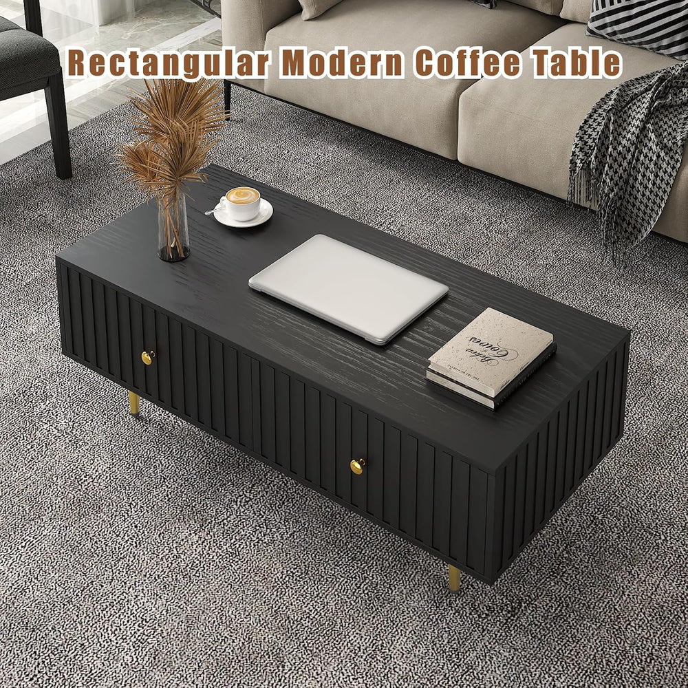 HedoAjim Modern Coffee Table with Storage with 2 Big Drawers, Black Rectangle...