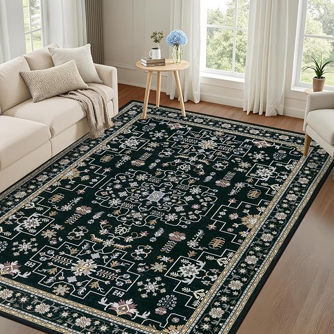 4x6 Area Rugs for Living Room: Washable Rug Soft Vintage Boho Medallion Carpet
