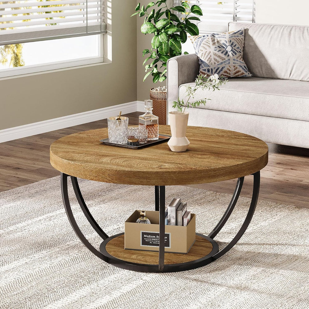 Tribesigns Round Coffee Table, 31.7" Wooden 2-Tier Circle Coffee Table w...
